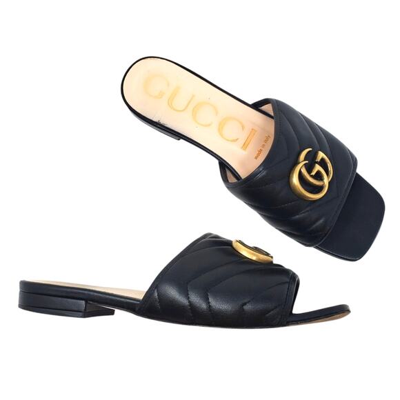 Gucci Marmont Double G Flat Sandals Quilted Black Leather 646169 Size 36.5 - Picture 2 of 10